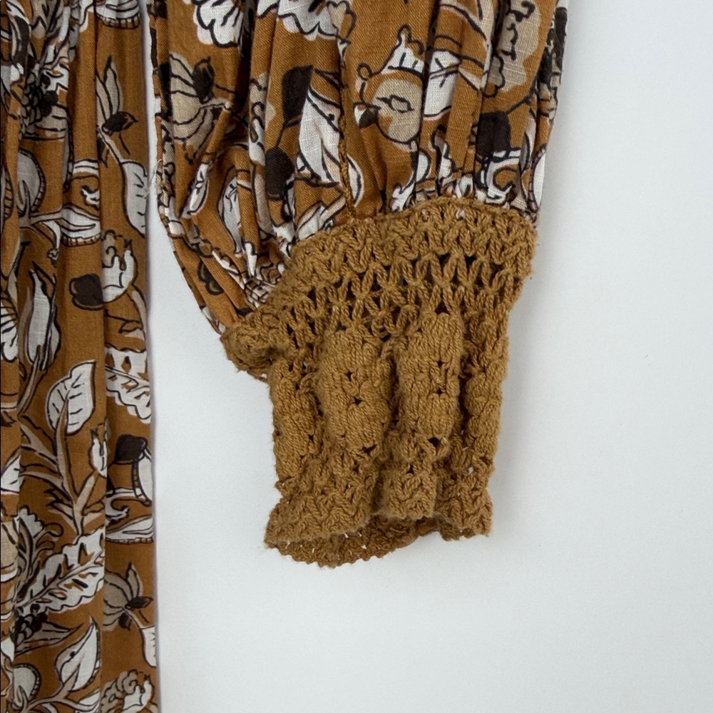 Anthropologie Floral Tiered Cottagecore Boho Dress Petite 6P Mustard Botanical - Picture 8 of 16
